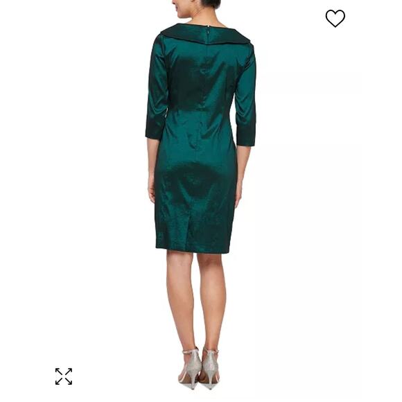 Alex Evenings Green Taffeta Cocktail Dress, V Neck, Ruched Waist, Size 8 - Picture 2 of 8